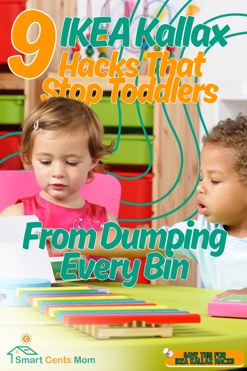 Toddler toy storage ideas: 9 IKEA Kallax units modified with secure bins, baskets, and dividers to prevent toy dumping.