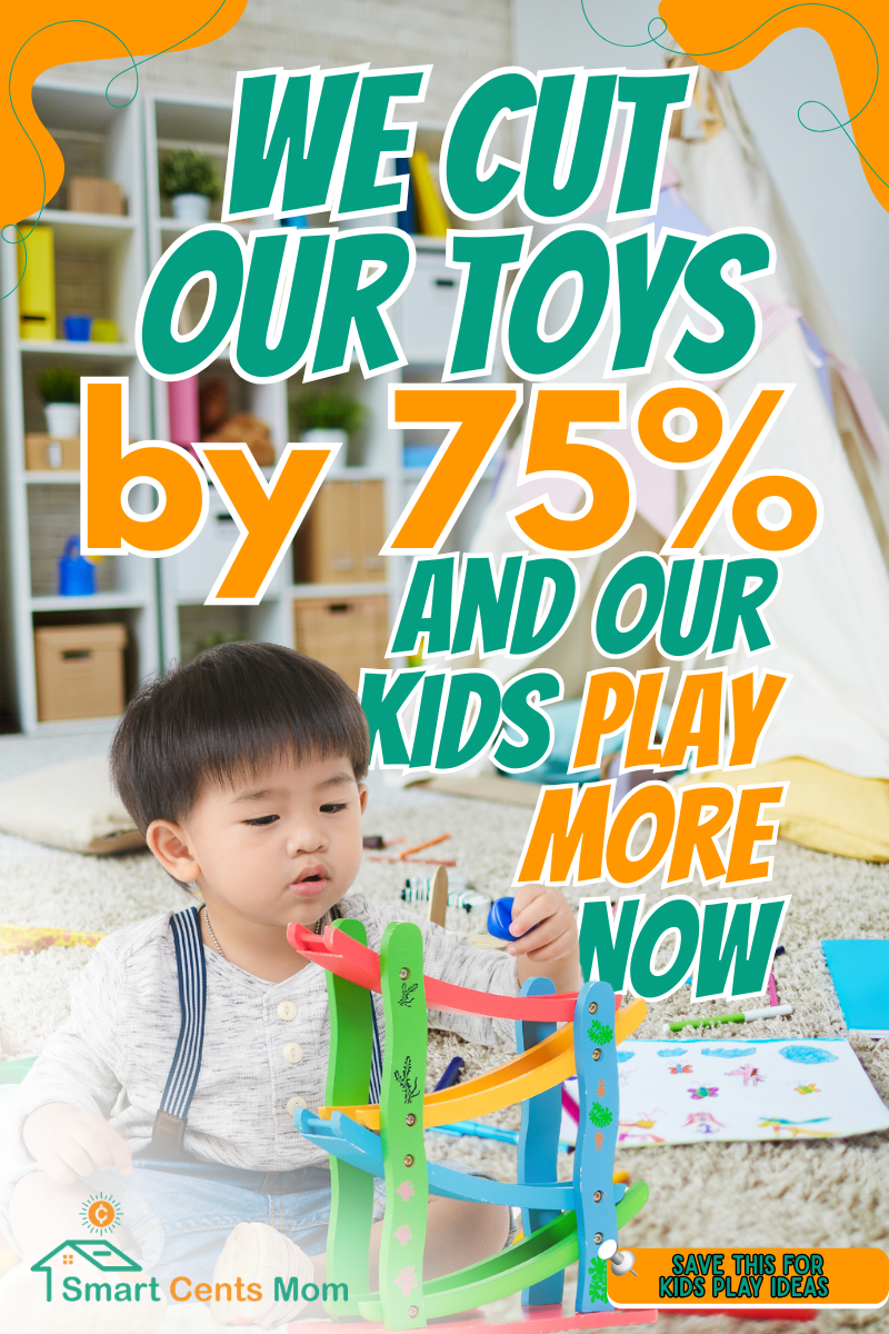 How to minimize kids toys: before and after photos showing a simplified playroom with fewer toys and happier, focused play.